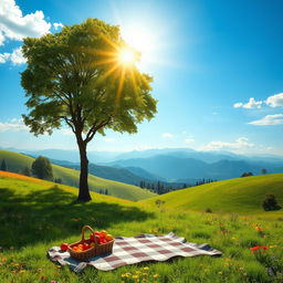 A scenic depiction of a lush green landscape with rolling hills, vibrant wildflowers, and a clear blue sky