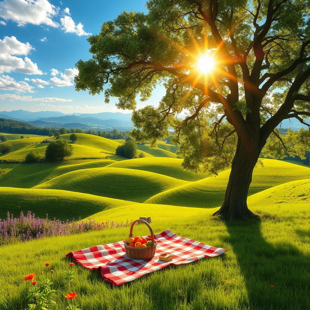 A scenic depiction of a lush green landscape with rolling hills, vibrant wildflowers, and a clear blue sky