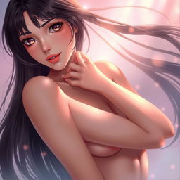 A sensual and artistic portrayal of a young woman inspired by Hinata, featuring her with a confident and seductive pose