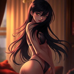 A sultry depiction of a character inspired by Hinata, with flowing dark hair and striking features, exuding confidence and allure