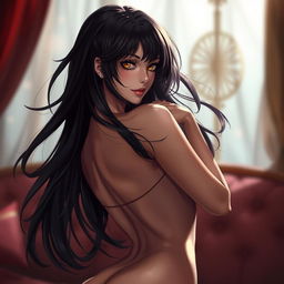 A sultry depiction of a character inspired by Hinata, with flowing dark hair and striking features, exuding confidence and allure