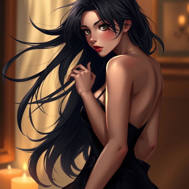 A sultry depiction of a character inspired by Hinata, with flowing dark hair and striking features, exuding confidence and allure