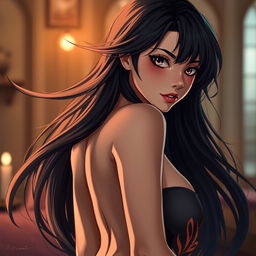 A sultry depiction of a character inspired by Hinata, with flowing dark hair and striking features, exuding confidence and allure