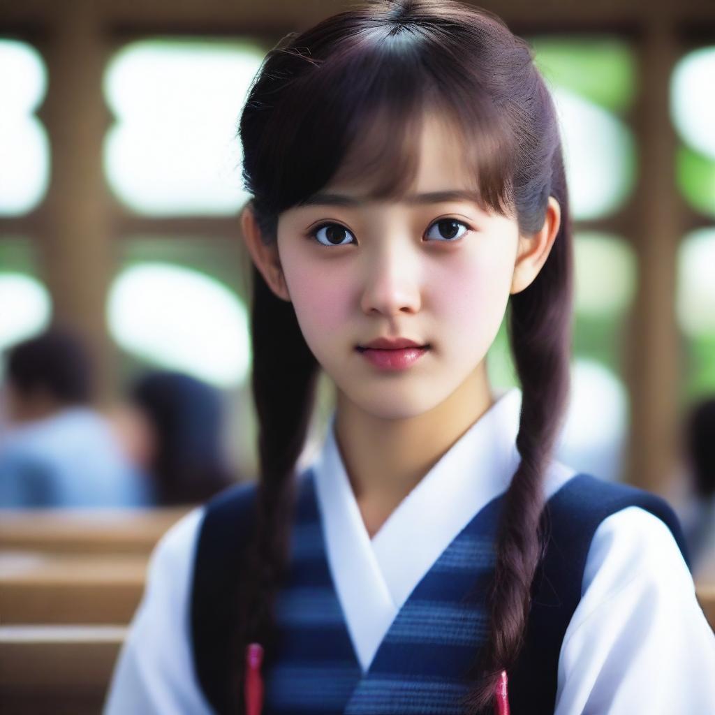 A hyper-realistic portrayal of a sweet and incredibly beautiful Japanese high school girl.