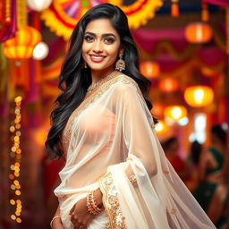 A beautiful Indian woman wearing a white transparent saree that elegantly drapes over her curves