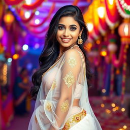 A beautiful Indian woman wearing a white transparent saree that elegantly drapes over her curves