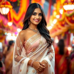 A beautiful Indian woman wearing a white transparent saree that elegantly drapes over her curves