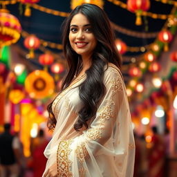 A beautiful Indian woman wearing a white transparent saree that elegantly drapes over her curves