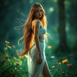 a stunning, artistic portrayal of a beautiful woman with long flowing hair, standing confidently in a serene natural setting