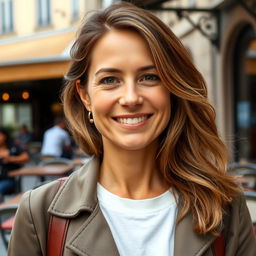 A full-length photograph of a woman aged between 30 to 45 with a natural appearance, minimal makeup, and well-groomed hair