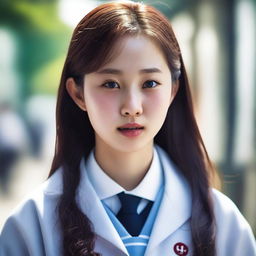 A hyper-realistic portrayal of an incredibly beautiful Korean high school girl.