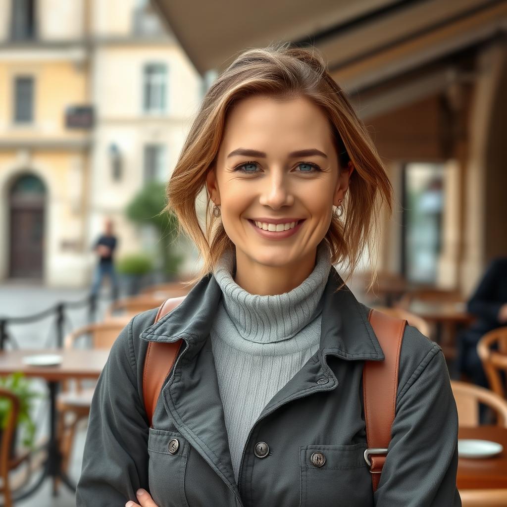 A full-length photograph of a woman aged between 30 to 45 with a natural appearance, minimal makeup, and well-groomed hair