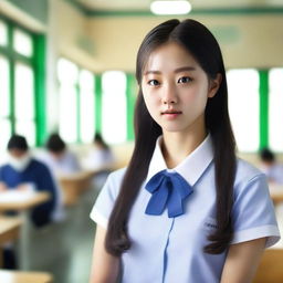 A hyper-realistic portrayal of an incredibly beautiful Korean high school girl.