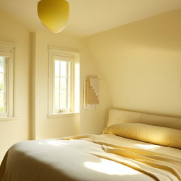 A cozy cream-coloured bedroom bathed in soft yellow light.