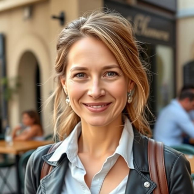 A full-length photograph of a woman aged between 30 to 45 with a natural appearance, minimal makeup, and well-groomed hair