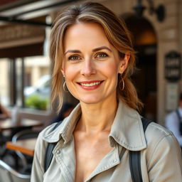 A full-length photograph of a woman aged between 30 to 45 with a natural appearance, minimal makeup, and well-groomed hair