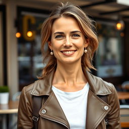 A full-length photograph of a woman aged between 30 to 45 with a natural appearance, minimal makeup, and well-groomed hair