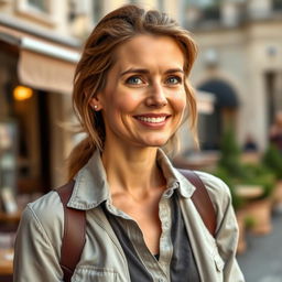 A full-length photograph of a woman aged between 30 to 45 with a natural appearance, minimal makeup, and well-groomed hair