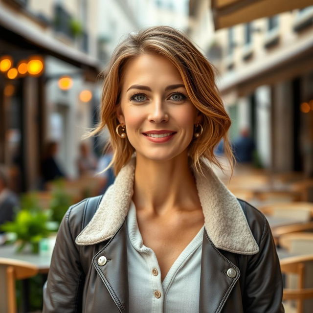 A full-length photograph of a woman aged between 30 to 45 with a natural appearance, minimal makeup, and well-groomed hair