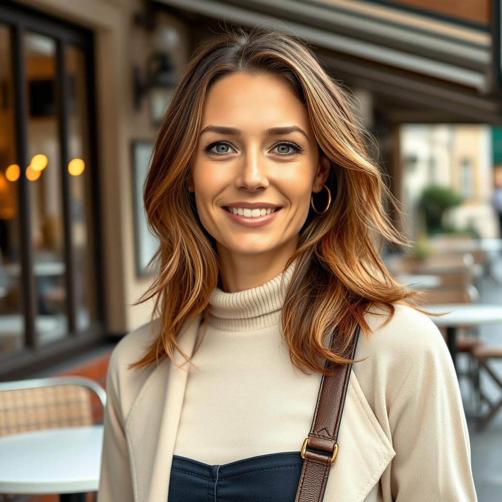 A full-length photograph of a woman aged between 30 to 45 with a natural appearance, minimal makeup, and well-groomed hair