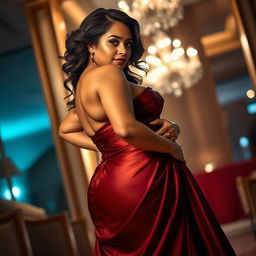 A beautiful curvy model posing confidently in a stunning evening gown, showcasing her elegant figure with grace