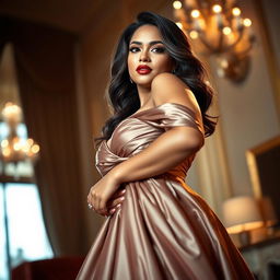 A beautiful curvy model posing confidently in a stunning evening gown, showcasing her elegant figure with grace
