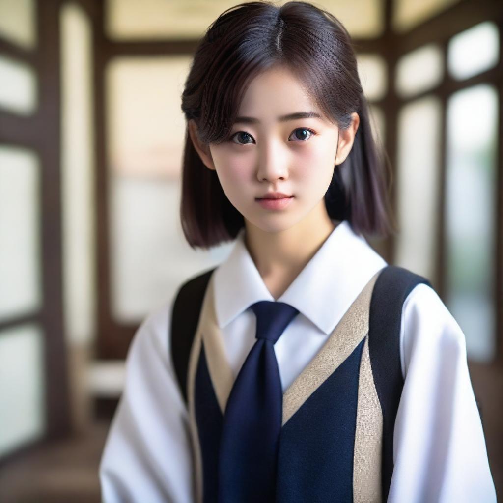 A hyper-realistic portrayal of an incredibly beautiful Japanese high school girl.