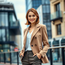A 37-year-old European woman dressed in stylish, contemporary clothing, showcasing a confident and elegant demeanor