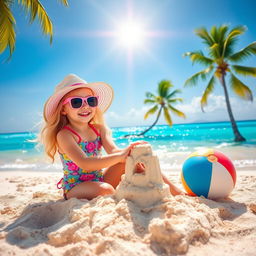 A vibrant beach scene with a sun-soaked sandy beach, crystal clear turquoise waters, and lush green palm trees swaying in the gentle breeze