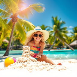 A vibrant beach scene with a sun-soaked sandy beach, crystal clear turquoise waters, and lush green palm trees swaying in the gentle breeze