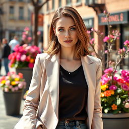 A 34-year-old European woman, dressed stylishly