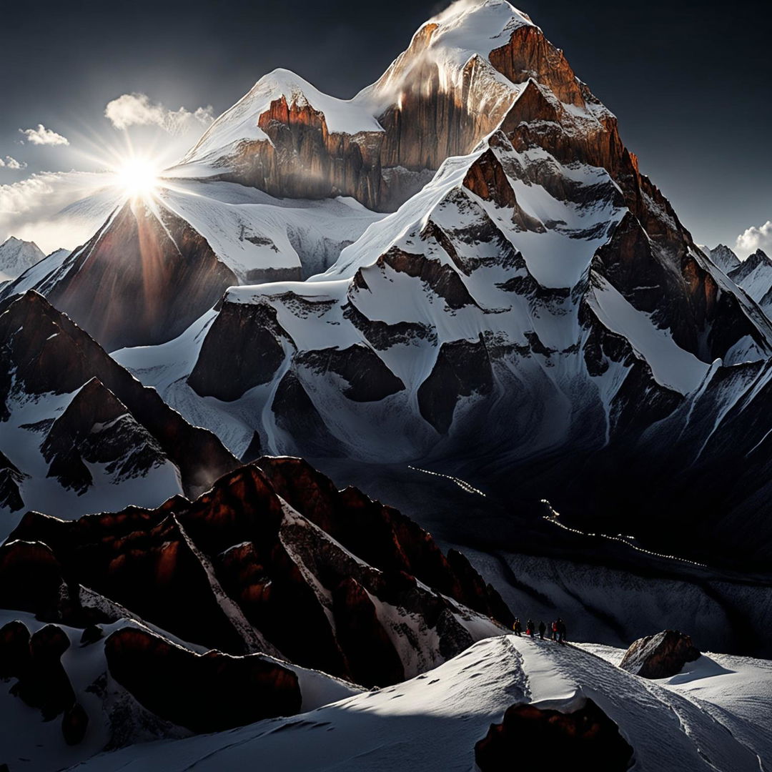 Ultra-high-resolution raw 200mm photograph of Mount Everest's summit at sunrise, featuring realistic details of climbers and terrain