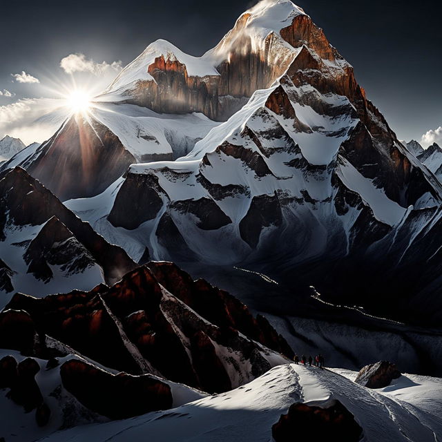 Ultra-high-resolution raw 200mm photograph of Mount Everest's summit at sunrise, featuring realistic details of climbers and terrain