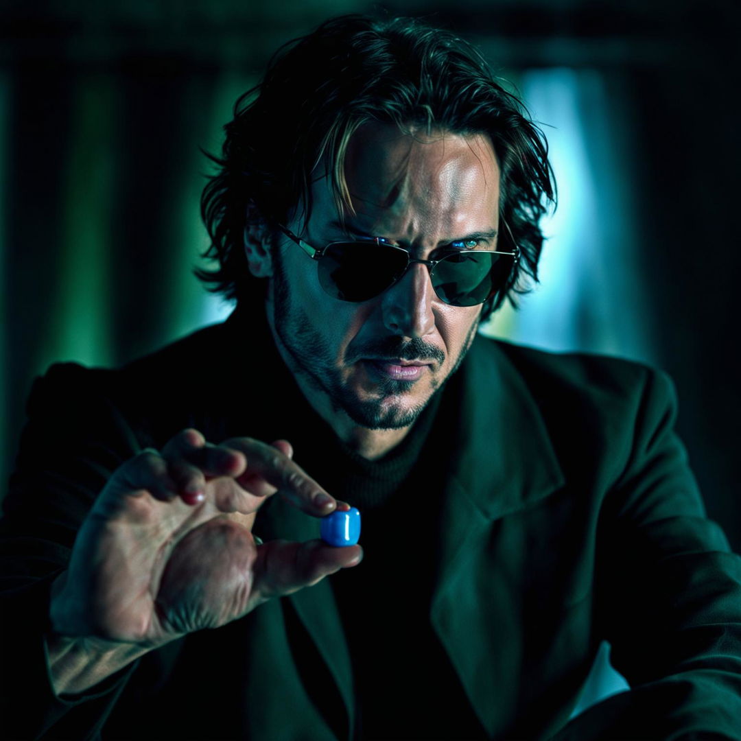 Raw photograph of Keanu Reeves as Neo from the Matrix holding out a red pill and a blue pill.