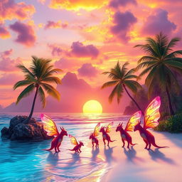 A stunning fantasy landscape featuring a vibrant sunset over a mystical beach, with colorful crystal clear waters, soft white sand, and lush tropical palm trees swaying in the gentle breeze