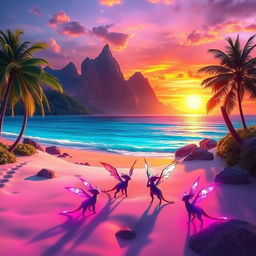 A stunning fantasy landscape featuring a vibrant sunset over a mystical beach, with colorful crystal clear waters, soft white sand, and lush tropical palm trees swaying in the gentle breeze