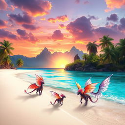 A stunning fantasy landscape featuring a vibrant sunset over a mystical beach, with colorful crystal clear waters, soft white sand, and lush tropical palm trees swaying in the gentle breeze