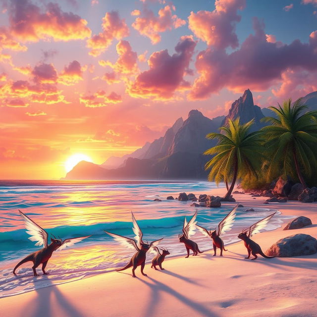 A stunning fantasy landscape featuring a vibrant sunset over a mystical beach, with colorful crystal clear waters, soft white sand, and lush tropical palm trees swaying in the gentle breeze