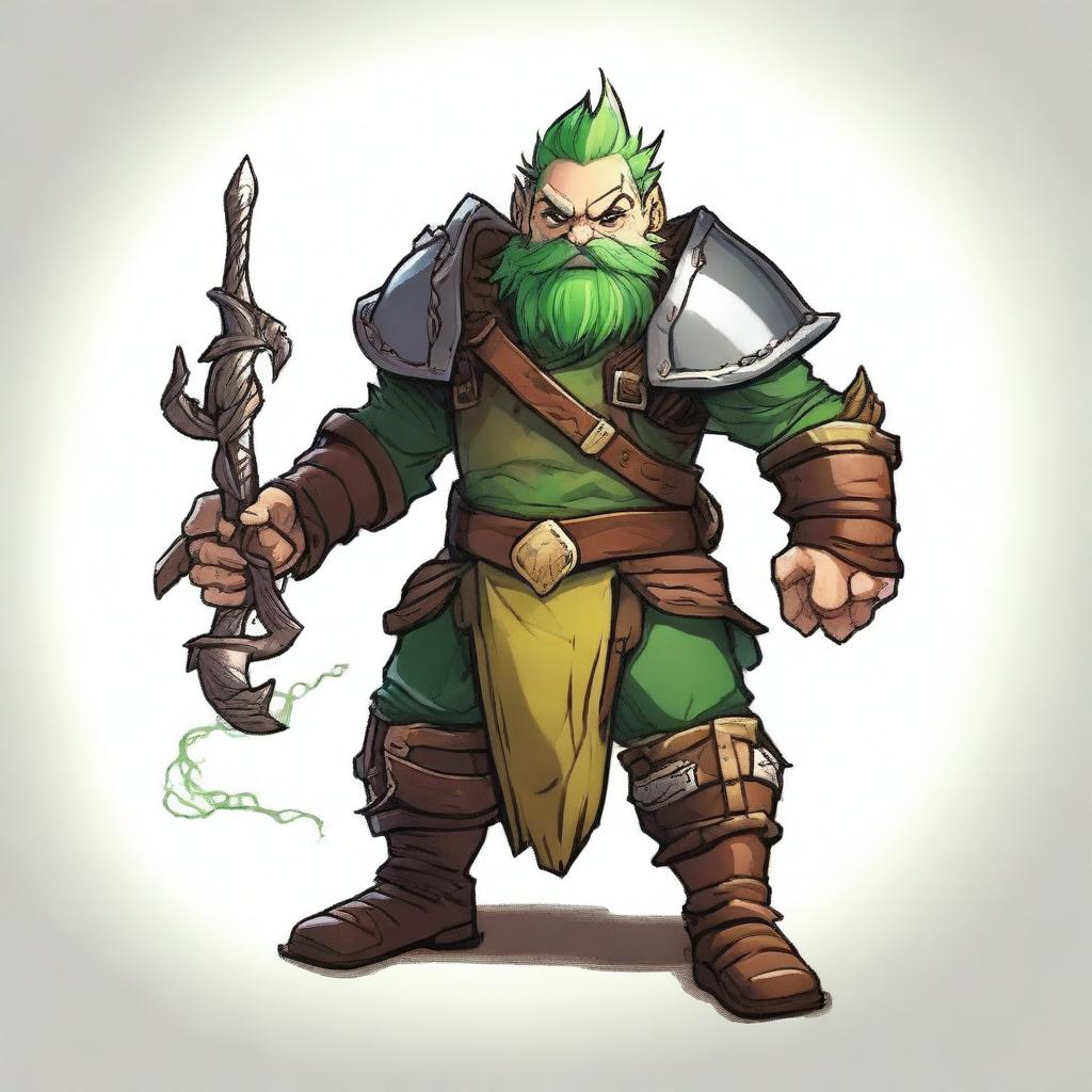 A tan-skinned male dwarf with vibrant green hair, dressed in wooden and leather armor, confidently wields a menacing whip made entirely of thorns