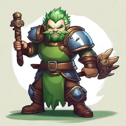 A tan-skinned male dwarf with vibrant green hair, dressed in wooden and leather armor, confidently wields a menacing whip made entirely of thorns