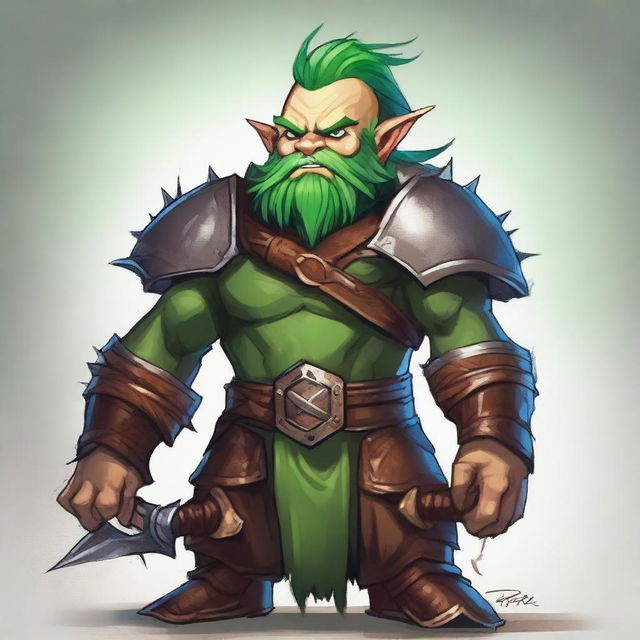 A tan-skinned male dwarf with vibrant green hair, dressed in wooden and leather armor, confidently wields a menacing whip made entirely of thorns