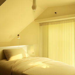 A cozy cream-coloured bedroom bathed in soft yellow light.