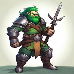 A tan-skinned male dwarf with vibrant green hair, dressed in wooden and leather armor, confidently wields a menacing whip made entirely of thorns