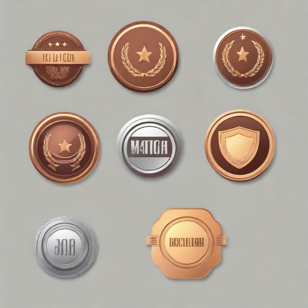 Create a detailed vector art of bronze, gold, and silver badges in flat graphics style.