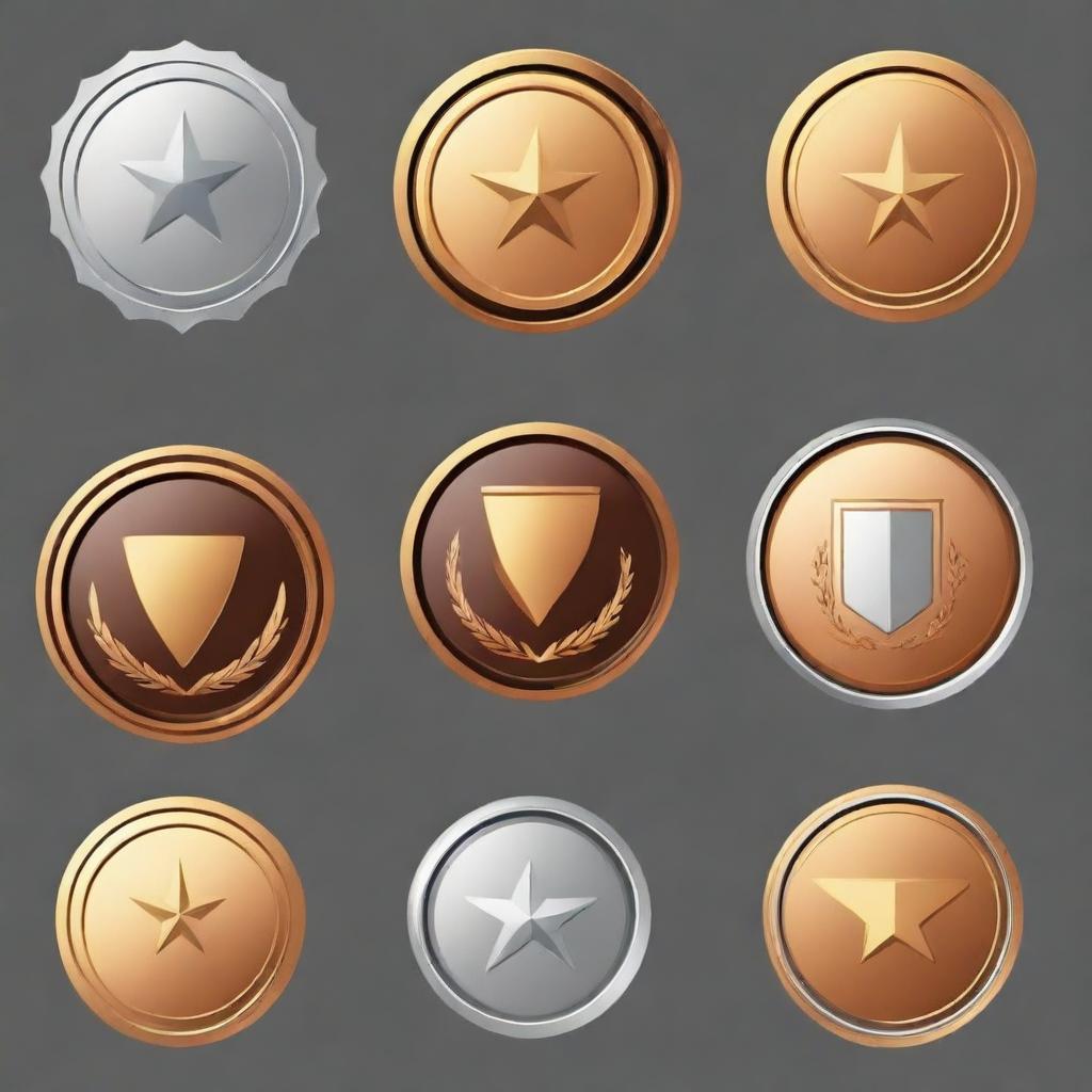 Create a detailed vector art of bronze, gold, and silver badges in flat graphics style.