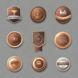 Create a detailed vector art of bronze, gold, and silver badges in flat graphics style.