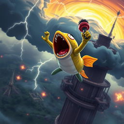 A Fortnite character, styled like a fish skin, is dramatically screaming as it plummets towards the ground from an impressive skybase