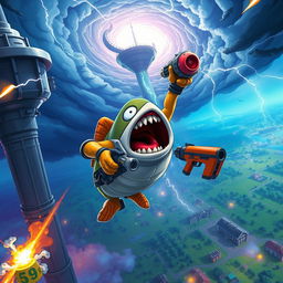 A Fortnite character, styled like a fish skin, is dramatically screaming as it plummets towards the ground from an impressive skybase