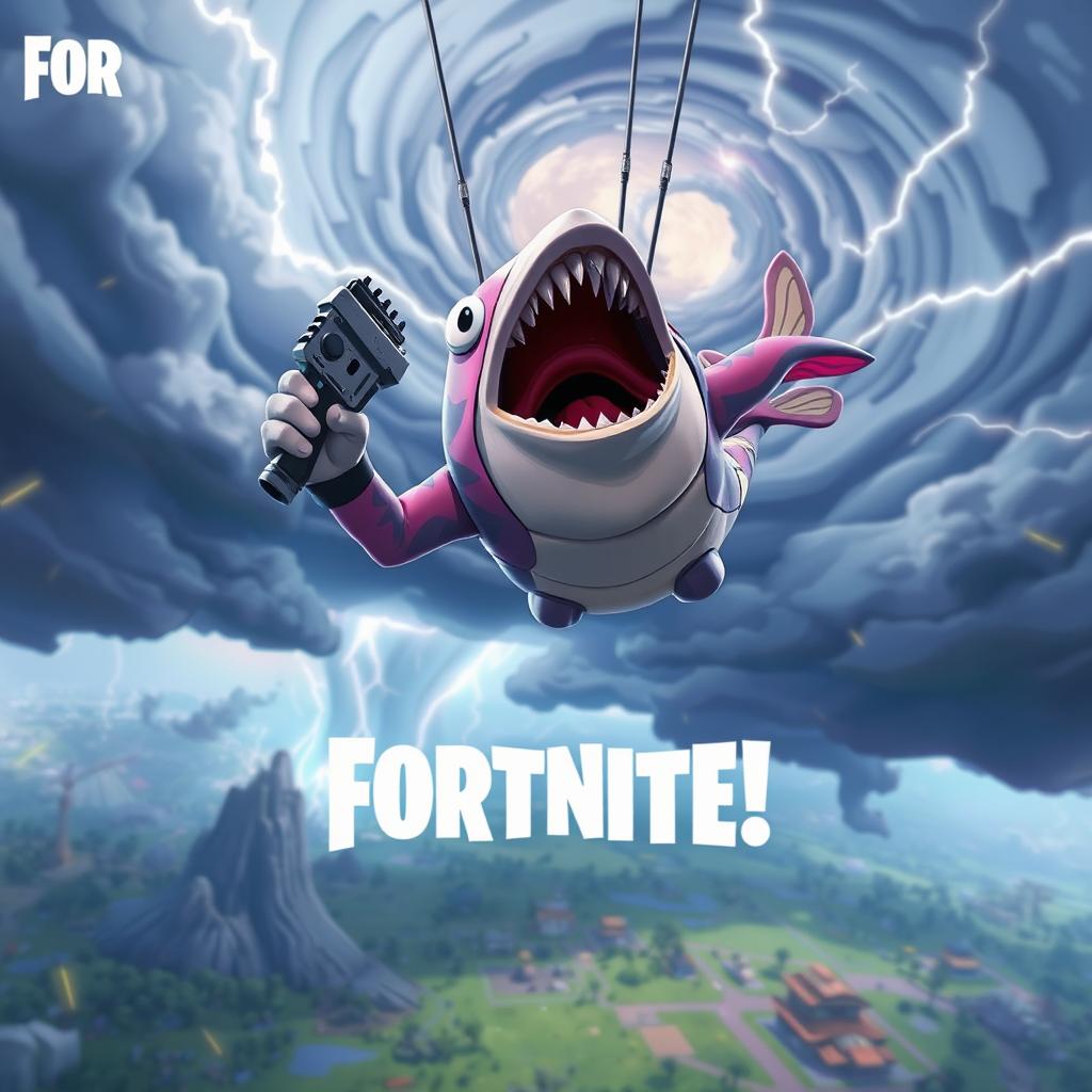 A Fortnite character, styled like a fish skin, is dramatically screaming as it plummets towards the ground from an impressive skybase