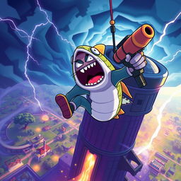 A Fortnite character, styled like a fish skin, is dramatically screaming as it plummets towards the ground from an impressive skybase